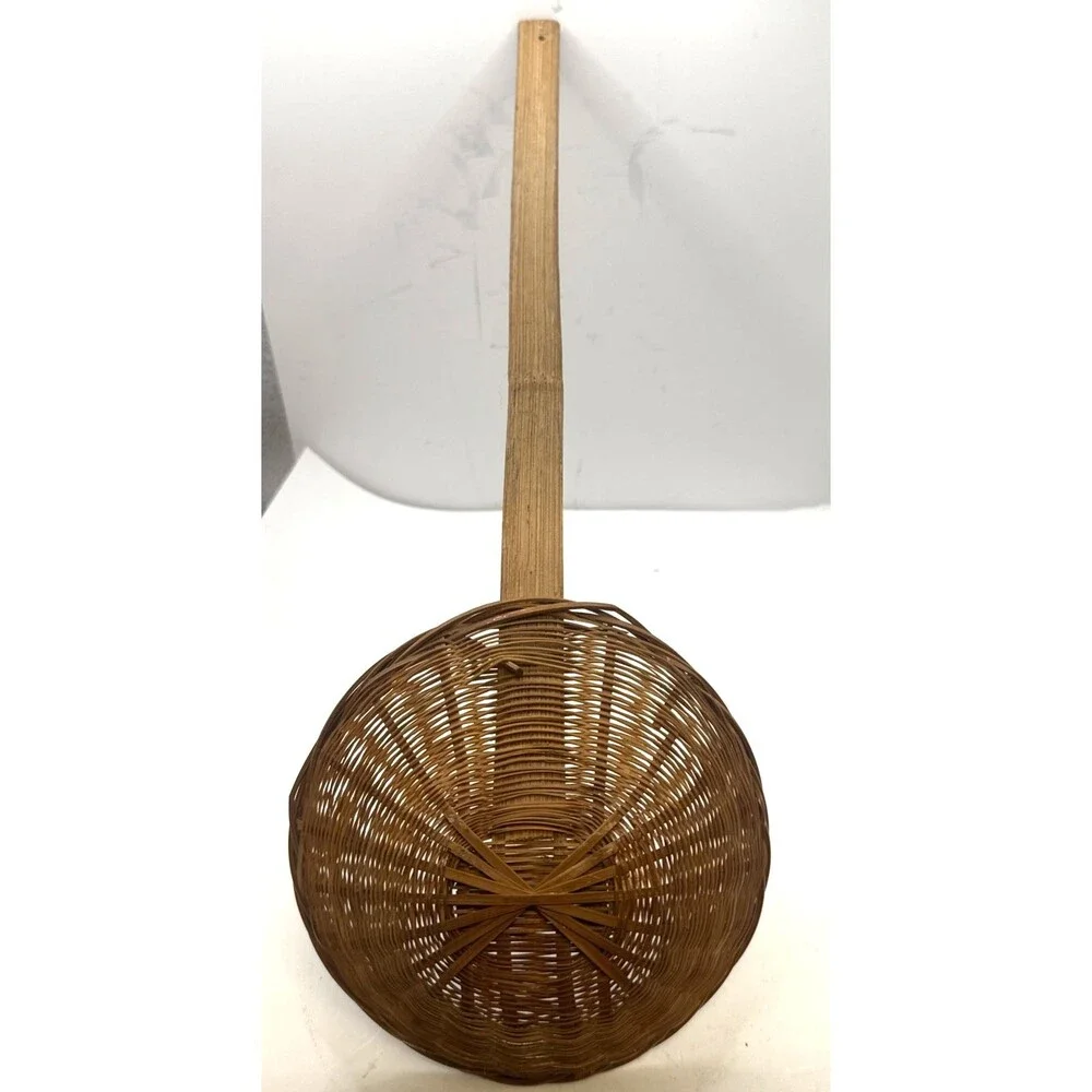 Vintage Wicker Basket w/ Long Handle Church Offering Basket 18.5 In